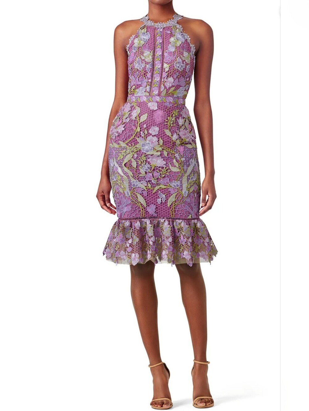 Marchesa Notte Purple Lace Flounce Sheath Women Size 14